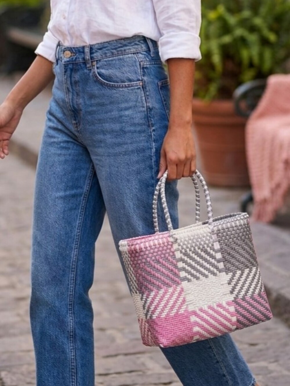 Woven Tote Bag in Pink, White & Gray